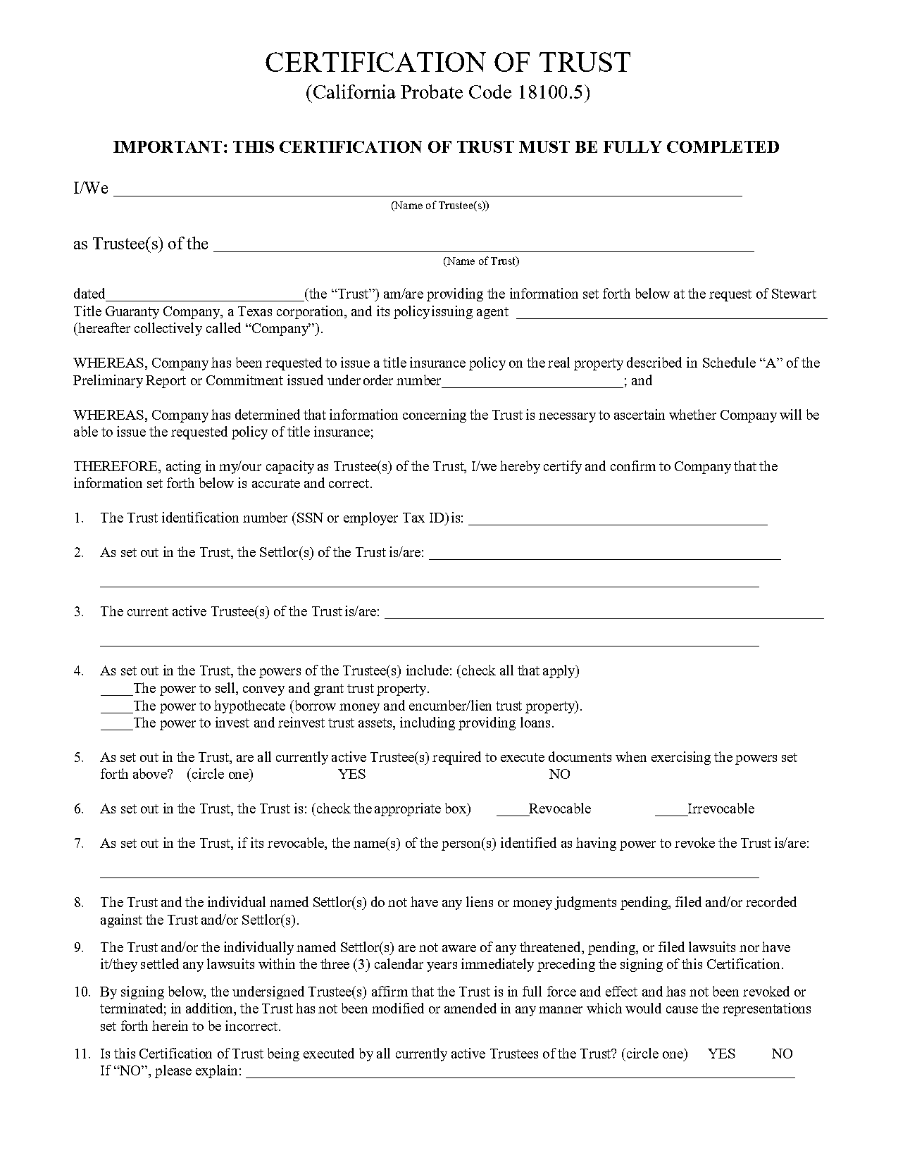 trust certification form california