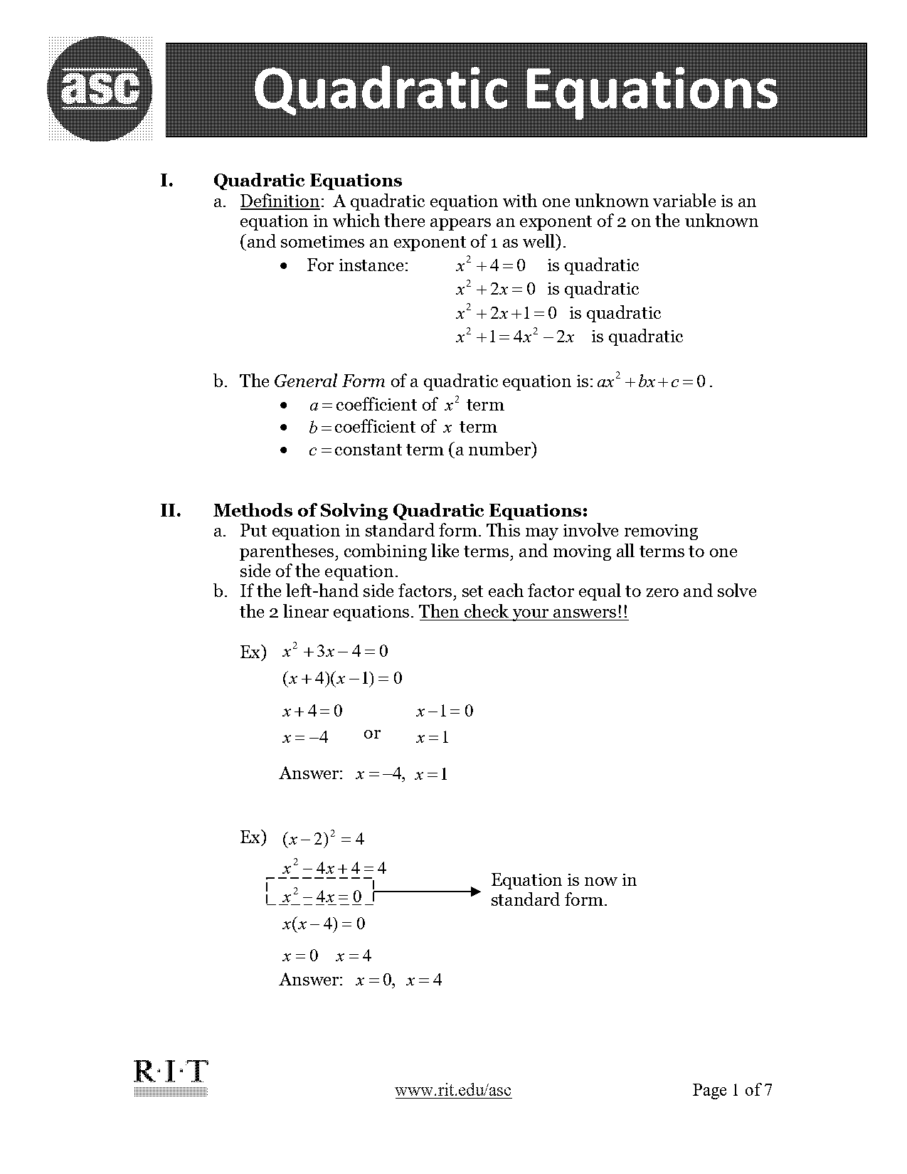 standard form quadratic equation worksheet