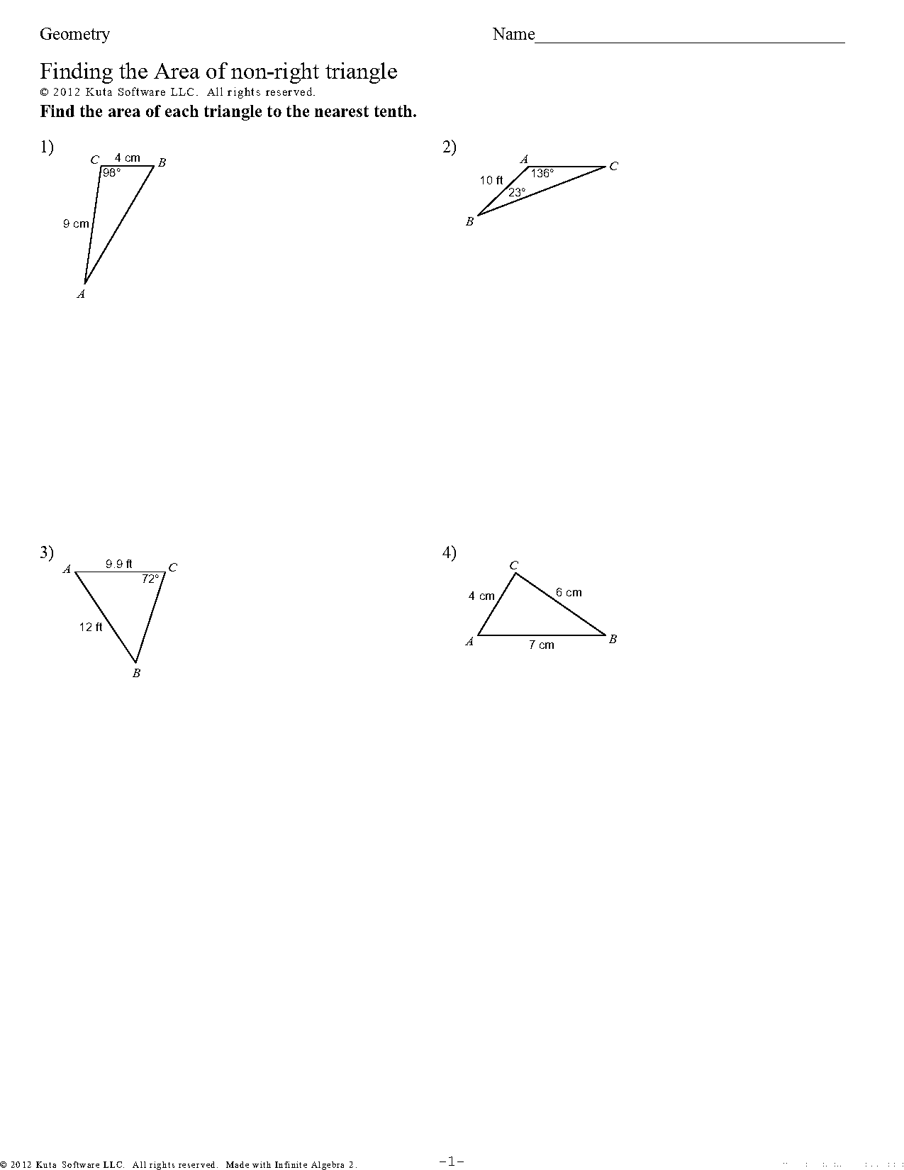 area of non right angle triangle worksheet