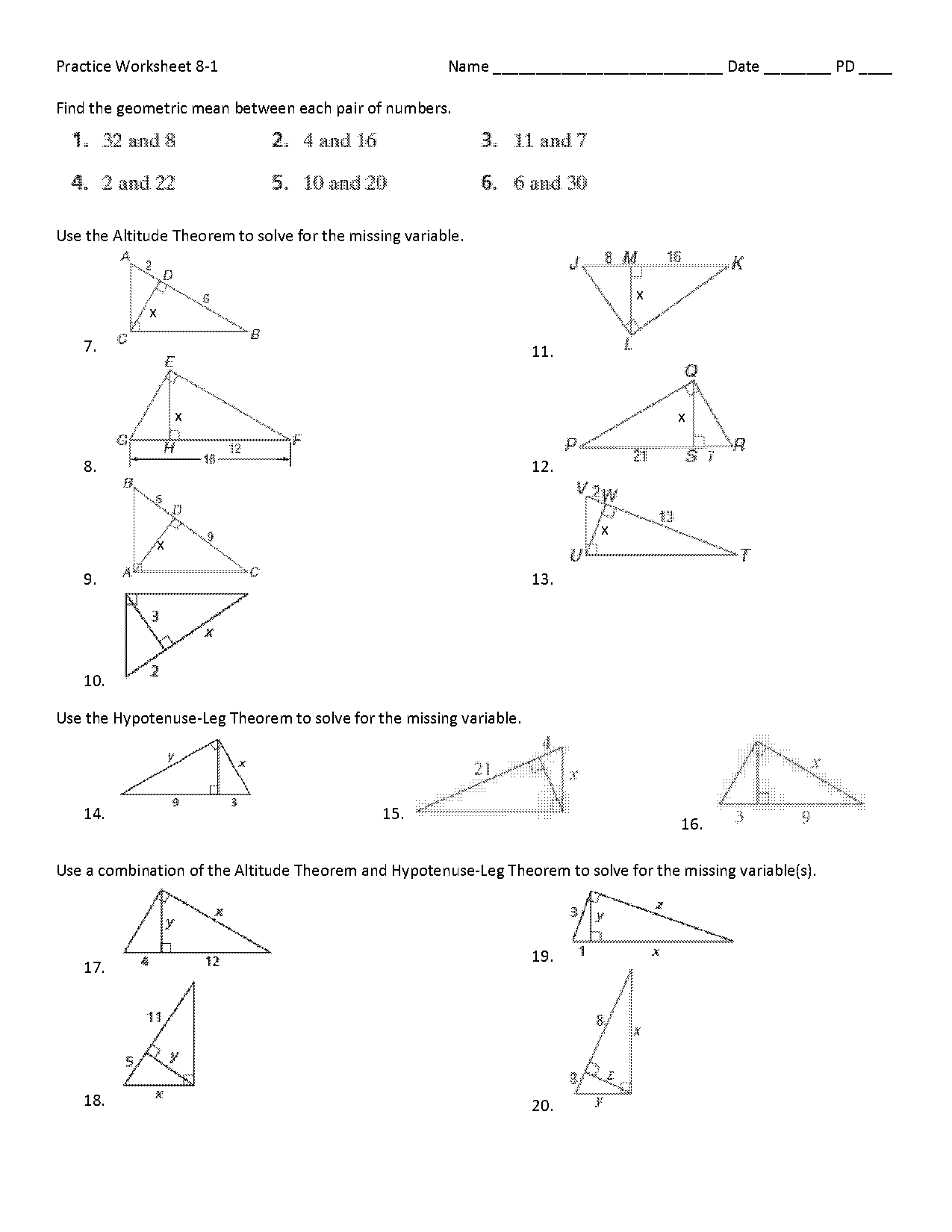 worksheet on finding geometric mean altitude