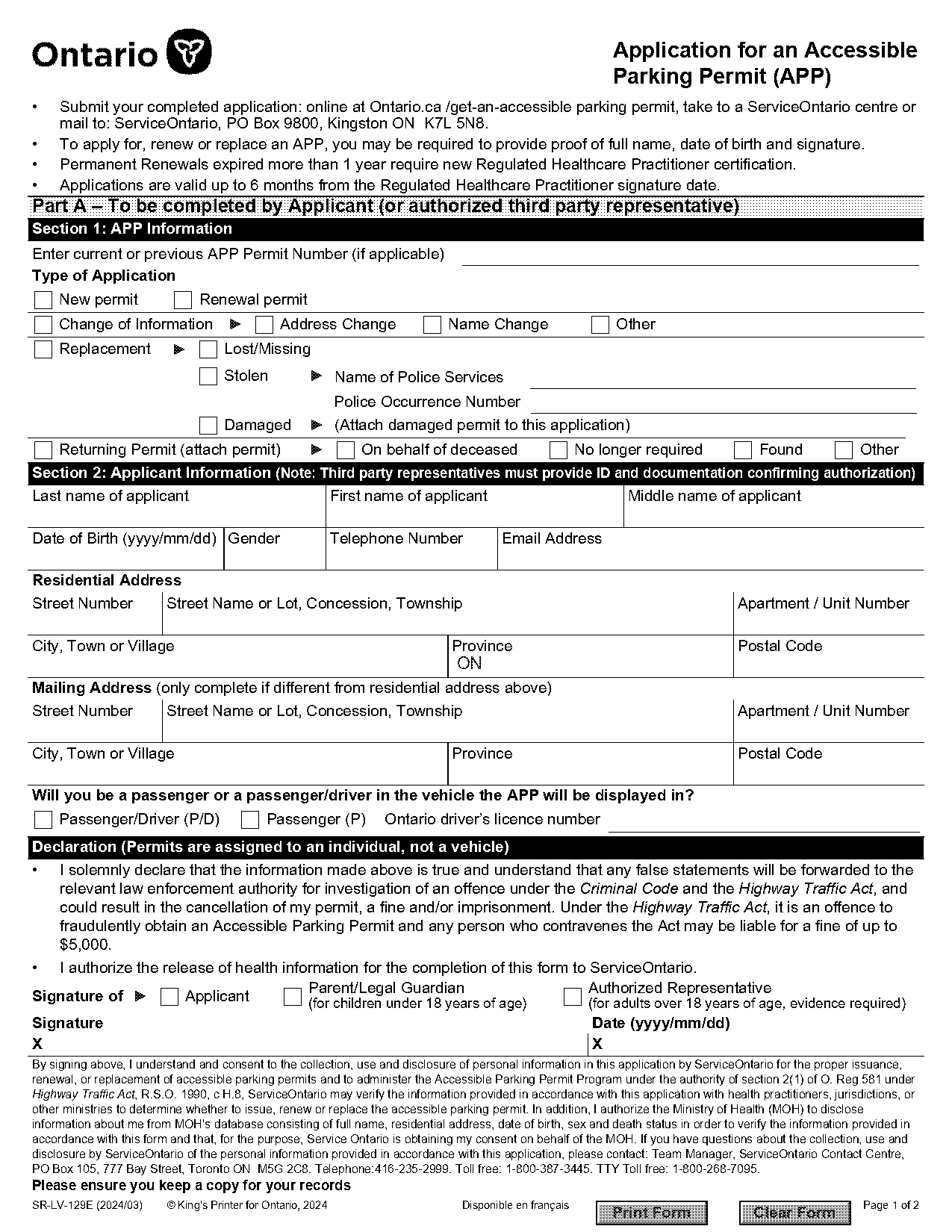 ontario disability parking permit application form