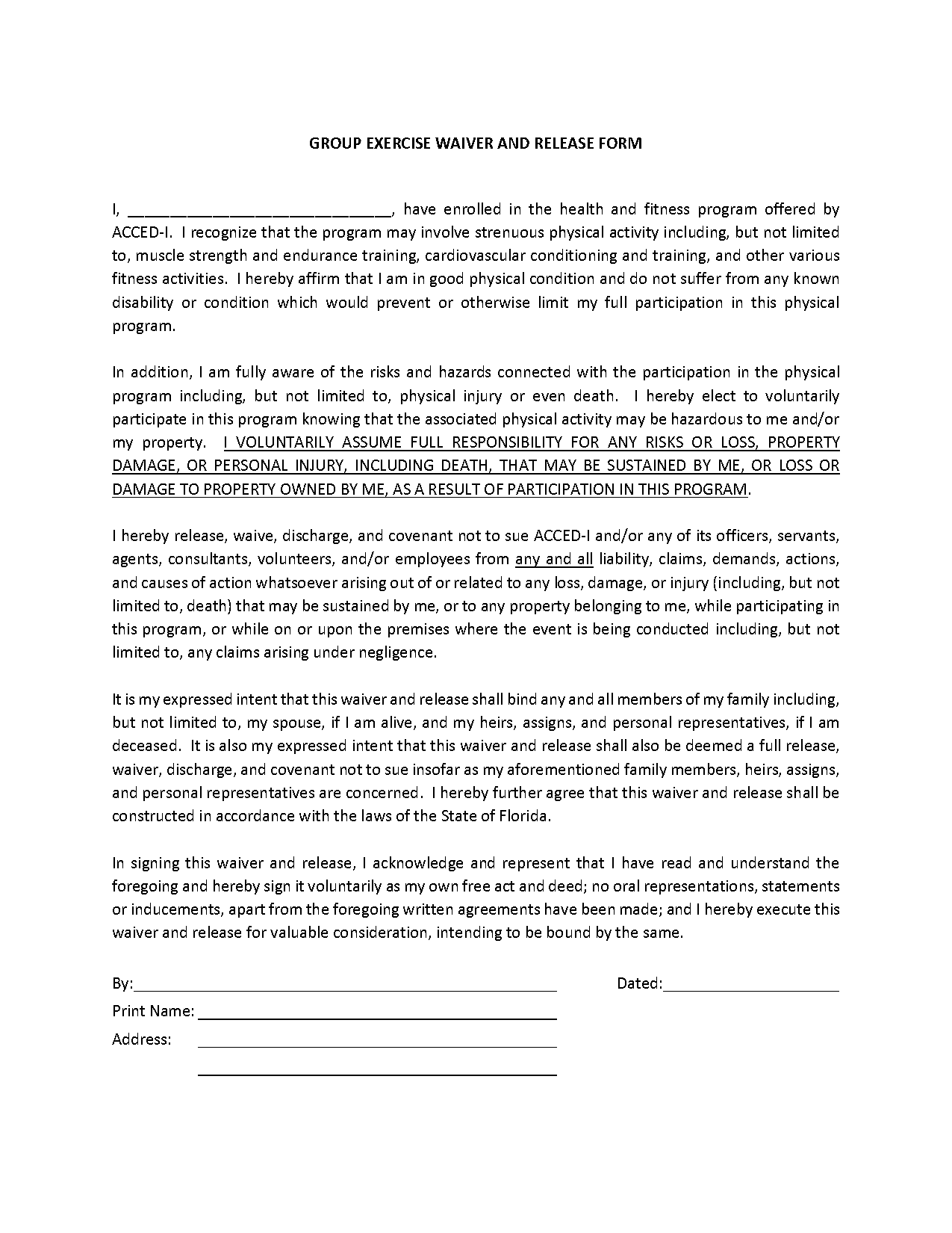 group exercise waiver and release form