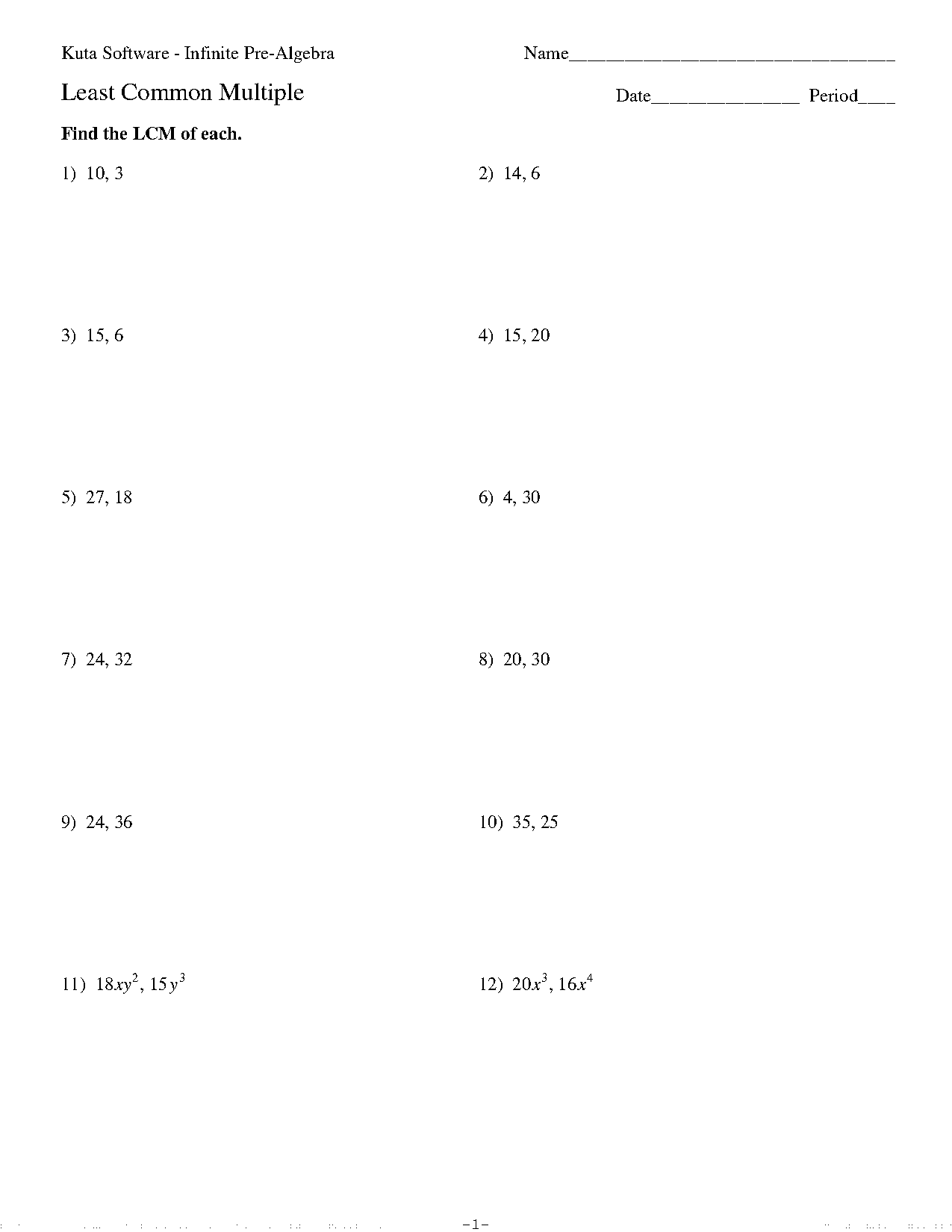 find the least common multiple worksheet