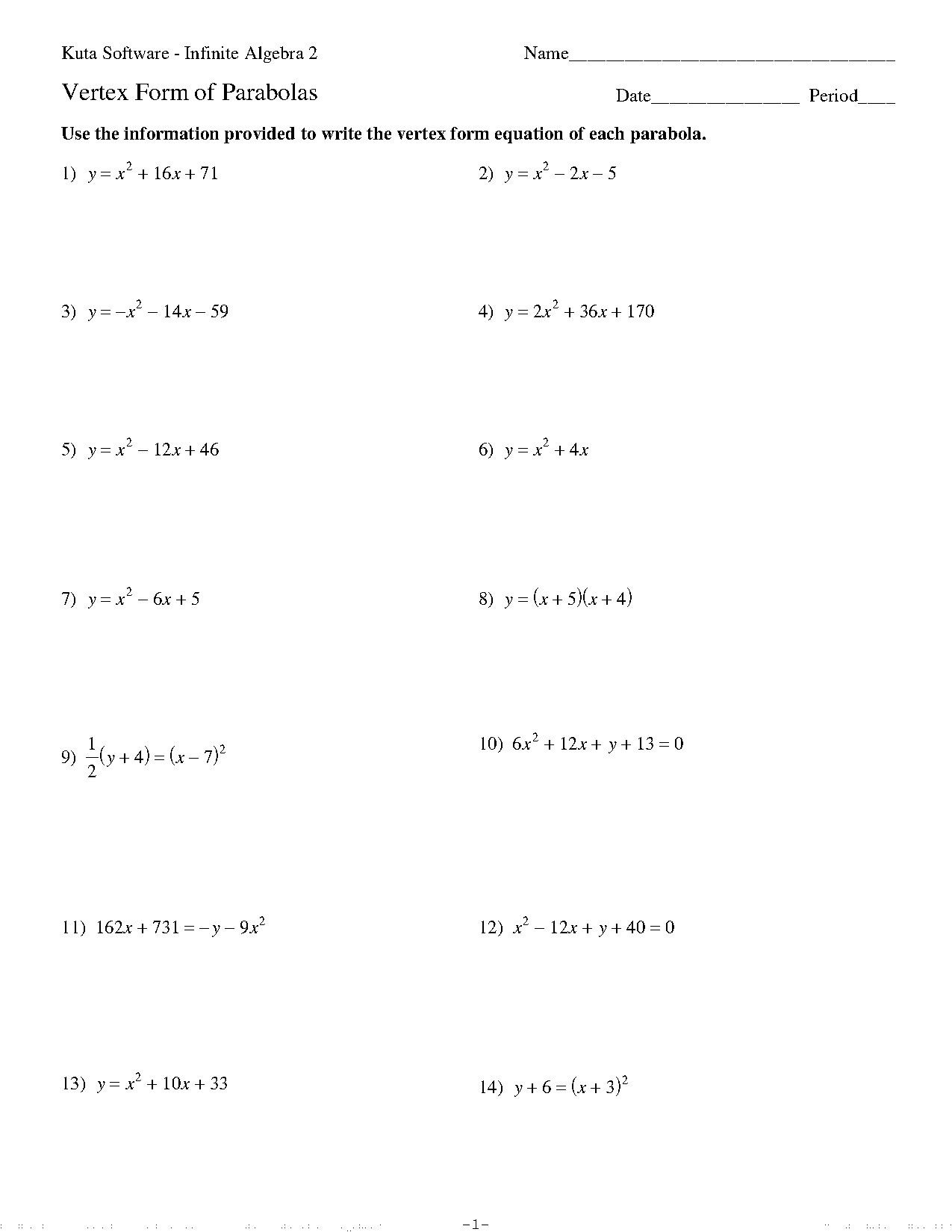 vertex form worksheets graphing