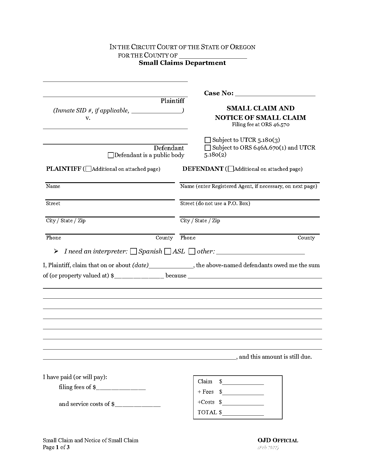 small claims complaint form oregon where to send