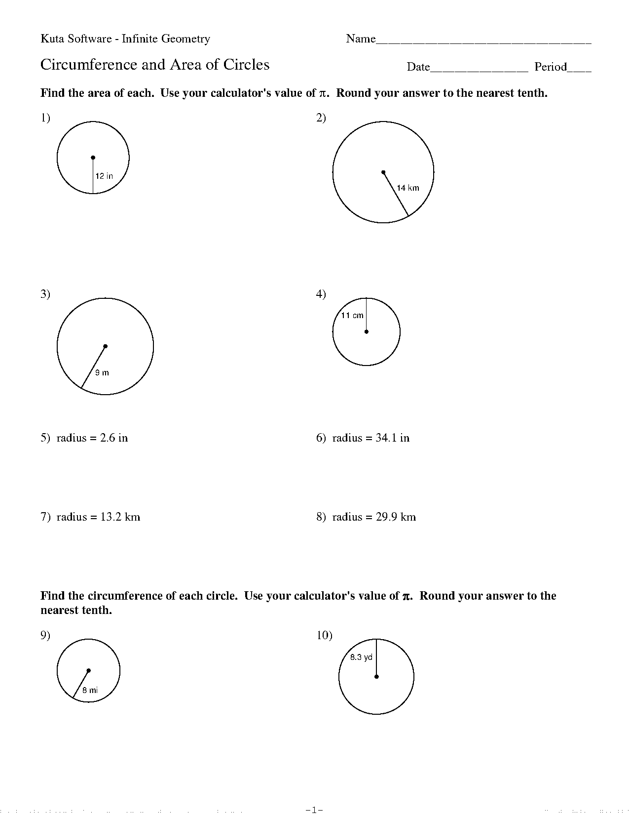 find circumference from diameter worksheet