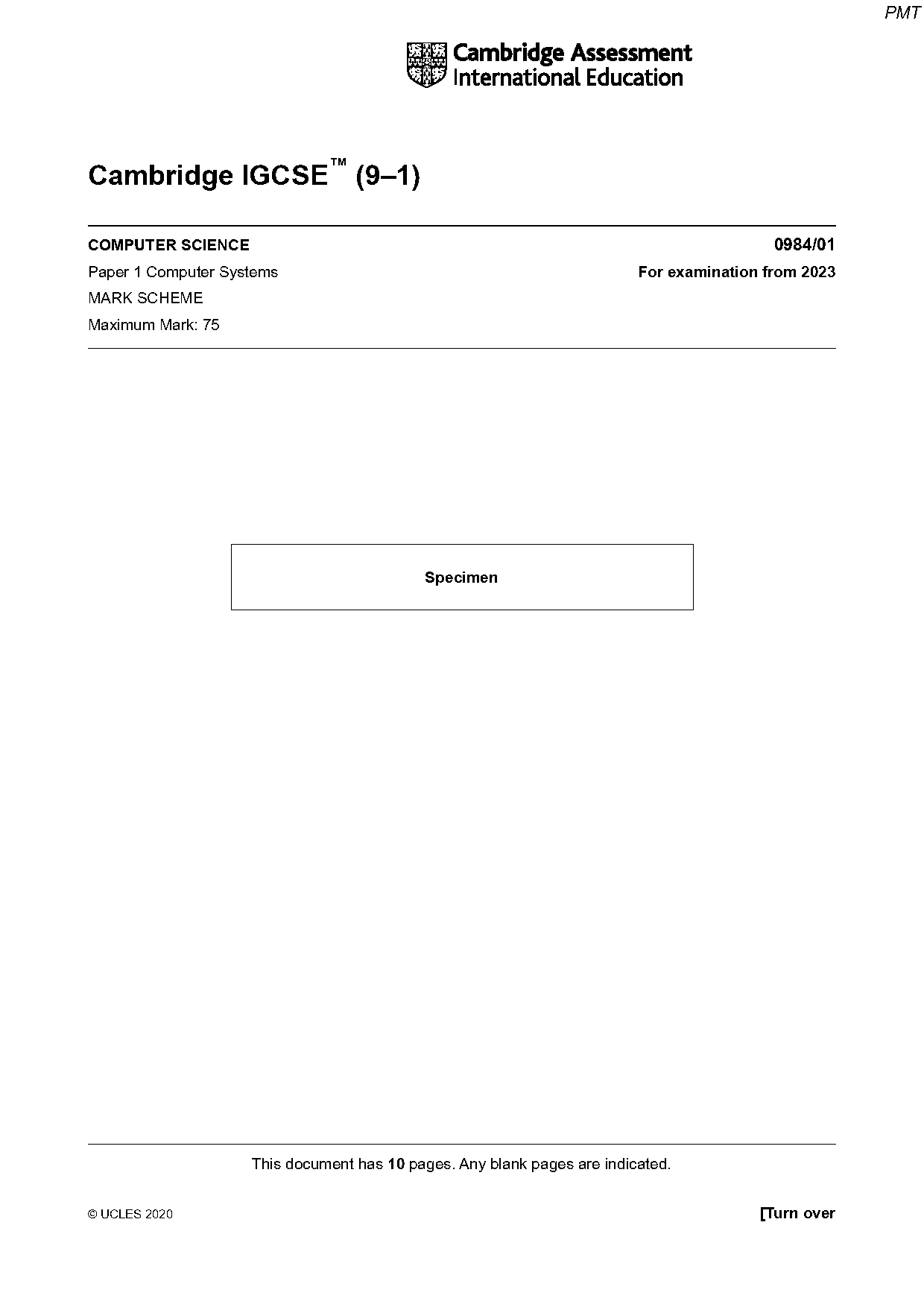 computer science specimen paper mark scheme