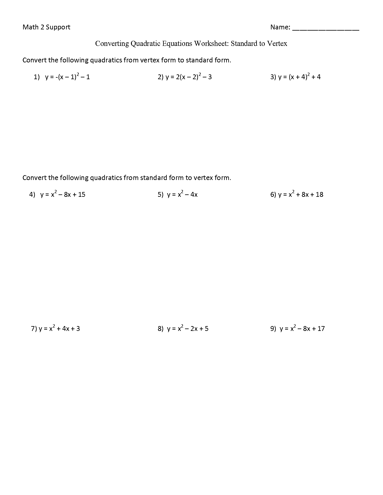 quadratic function to standard form worksheet pdf