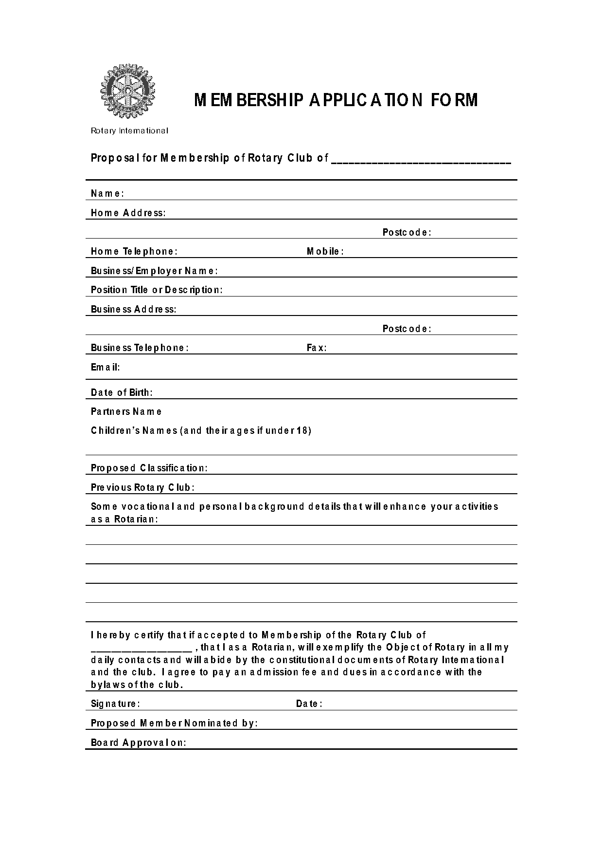 club membership form template free