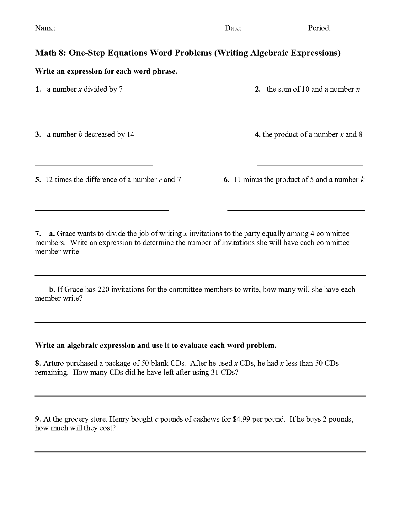 writing algebraic expressions worksheet word problems