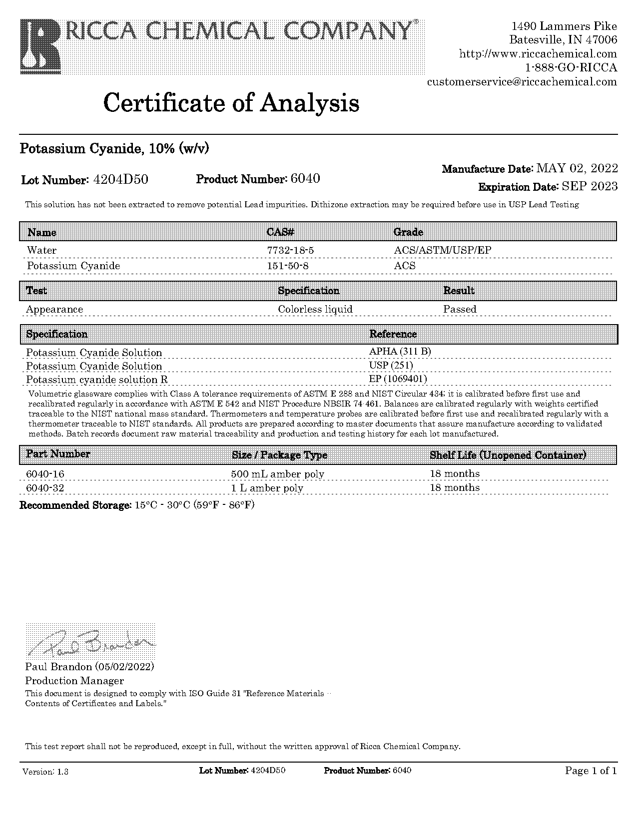 ricca certificate of analysis