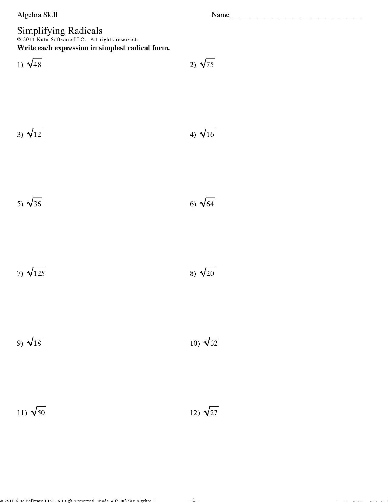 simplifying radicals fractions worksheet kuta