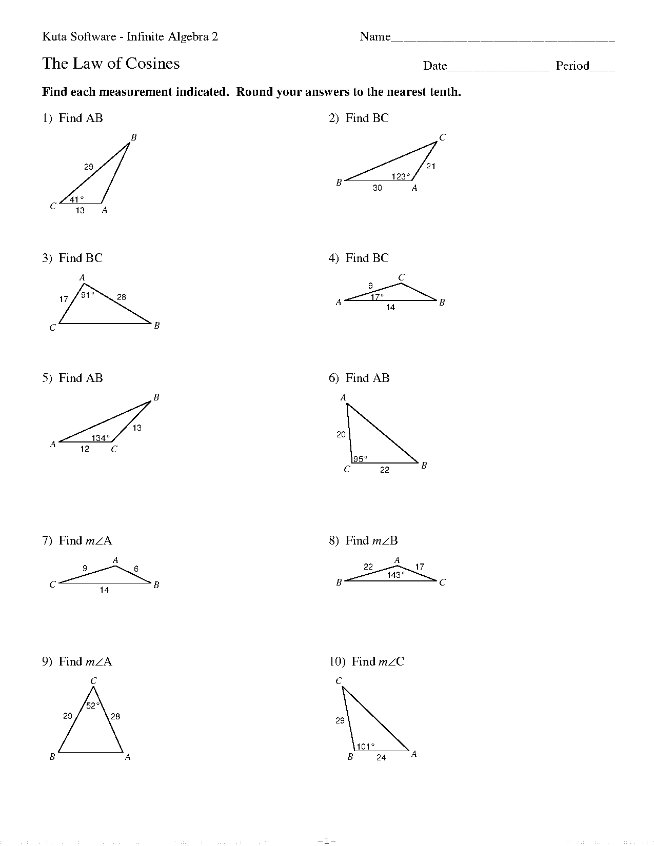 cosine law worksheet word problem