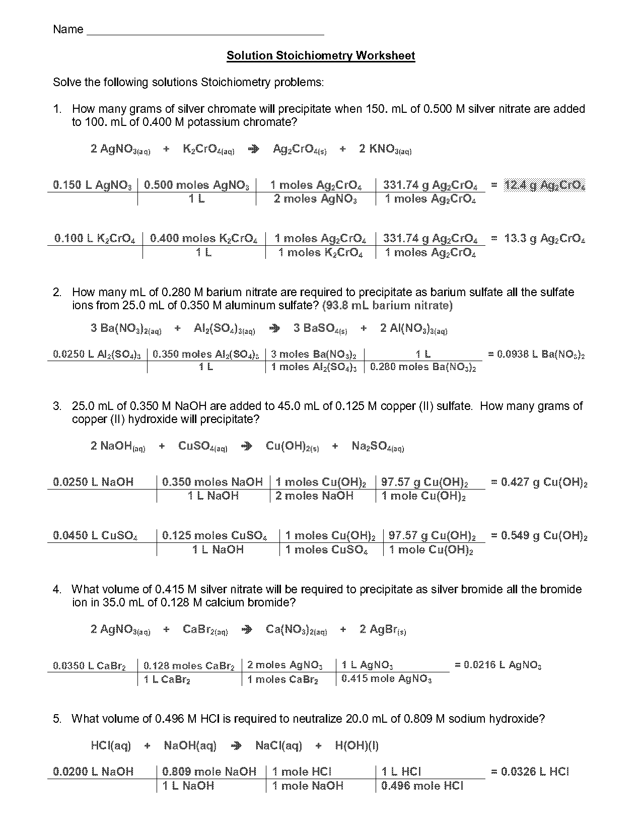 chemistry solution stoichiometry worksheet with answers pdf