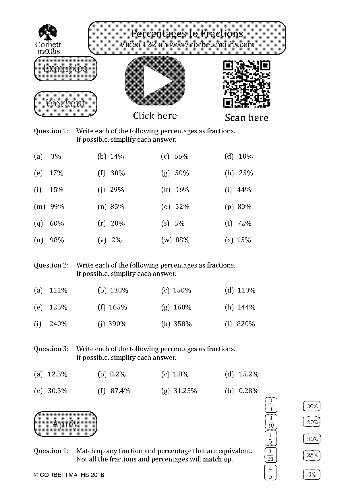 changing percentages to fractions worksheets