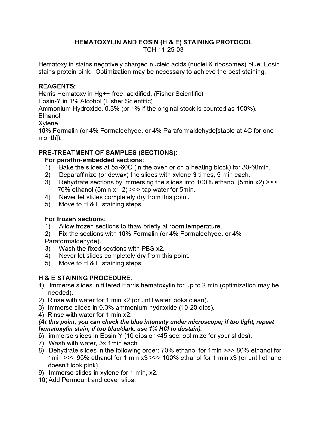 h and e staining protocol frozen section