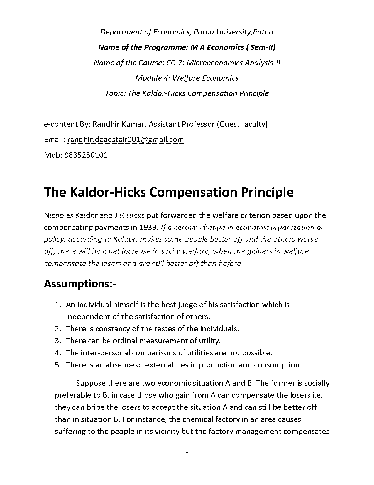 kaldor hicks criterion example