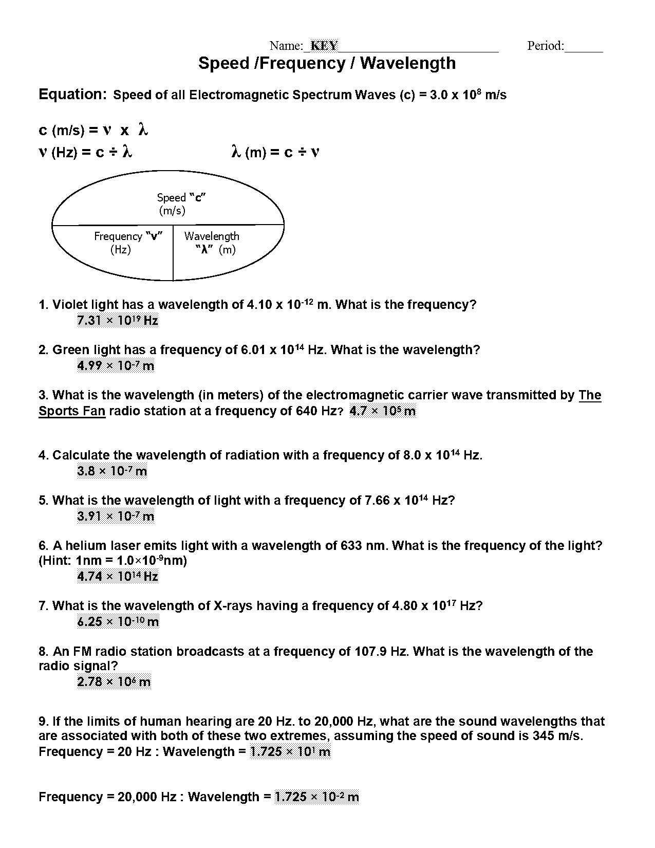 how to find frequency and energy given wavelength worksheets