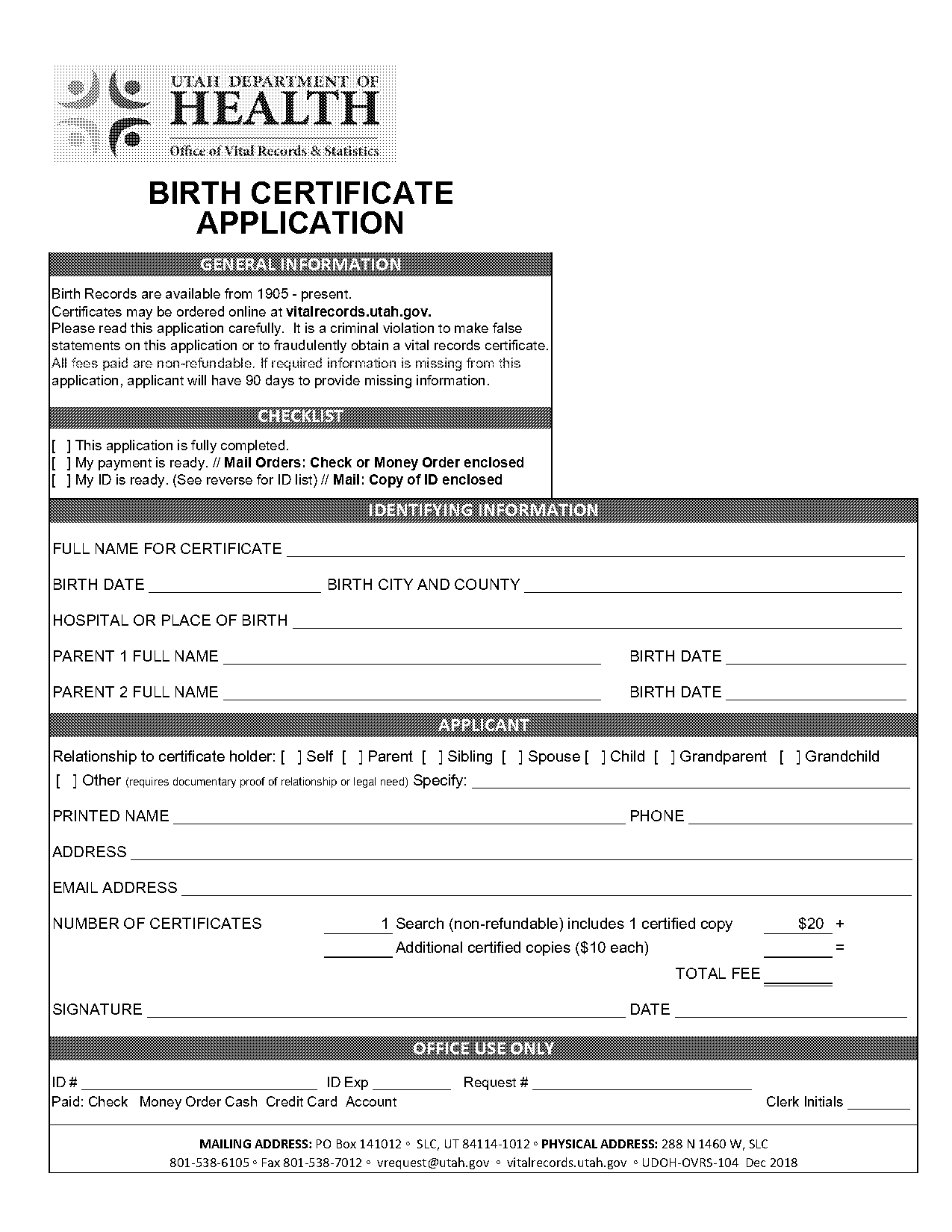 how to order a new birth certificate for utah