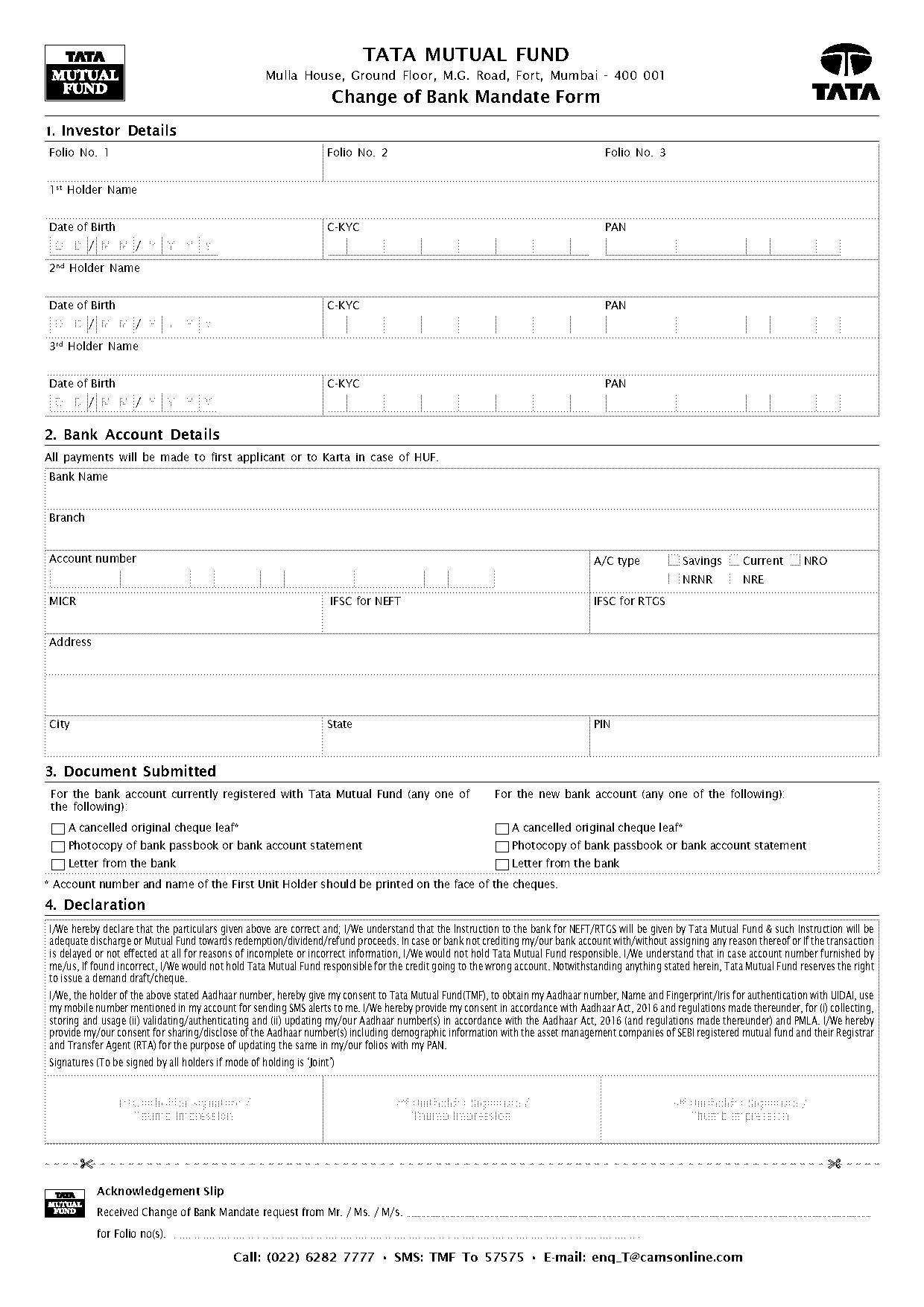 cob without existing bank proof form tata mutual fund