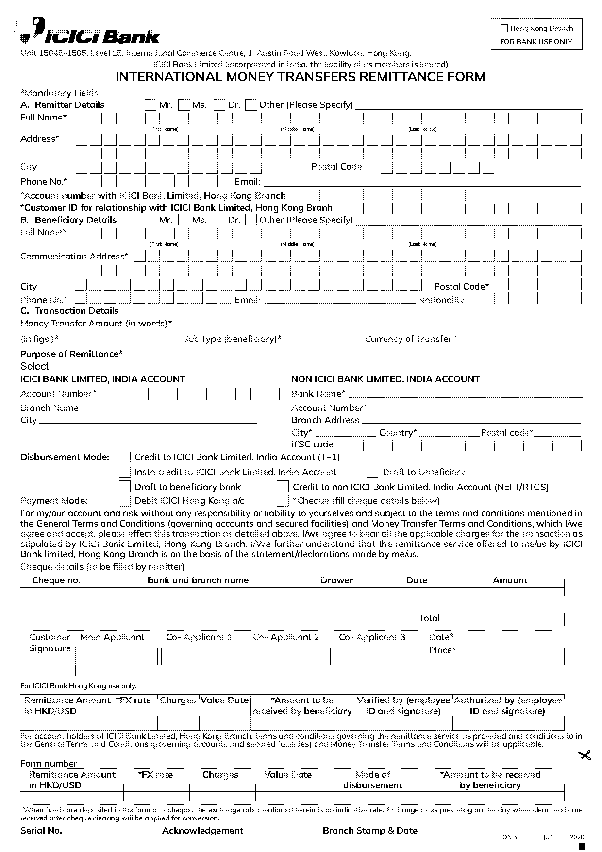 icici bank transfer account form