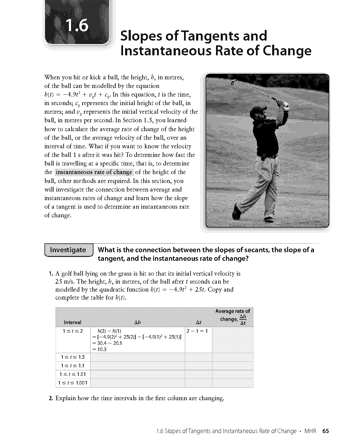 instantaneous rate of change using table