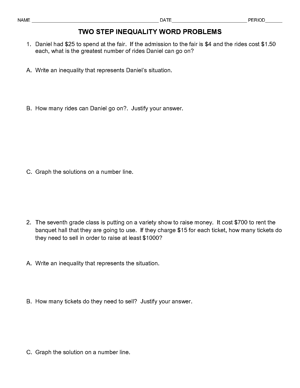 introduction to inequalities word problems worksheet