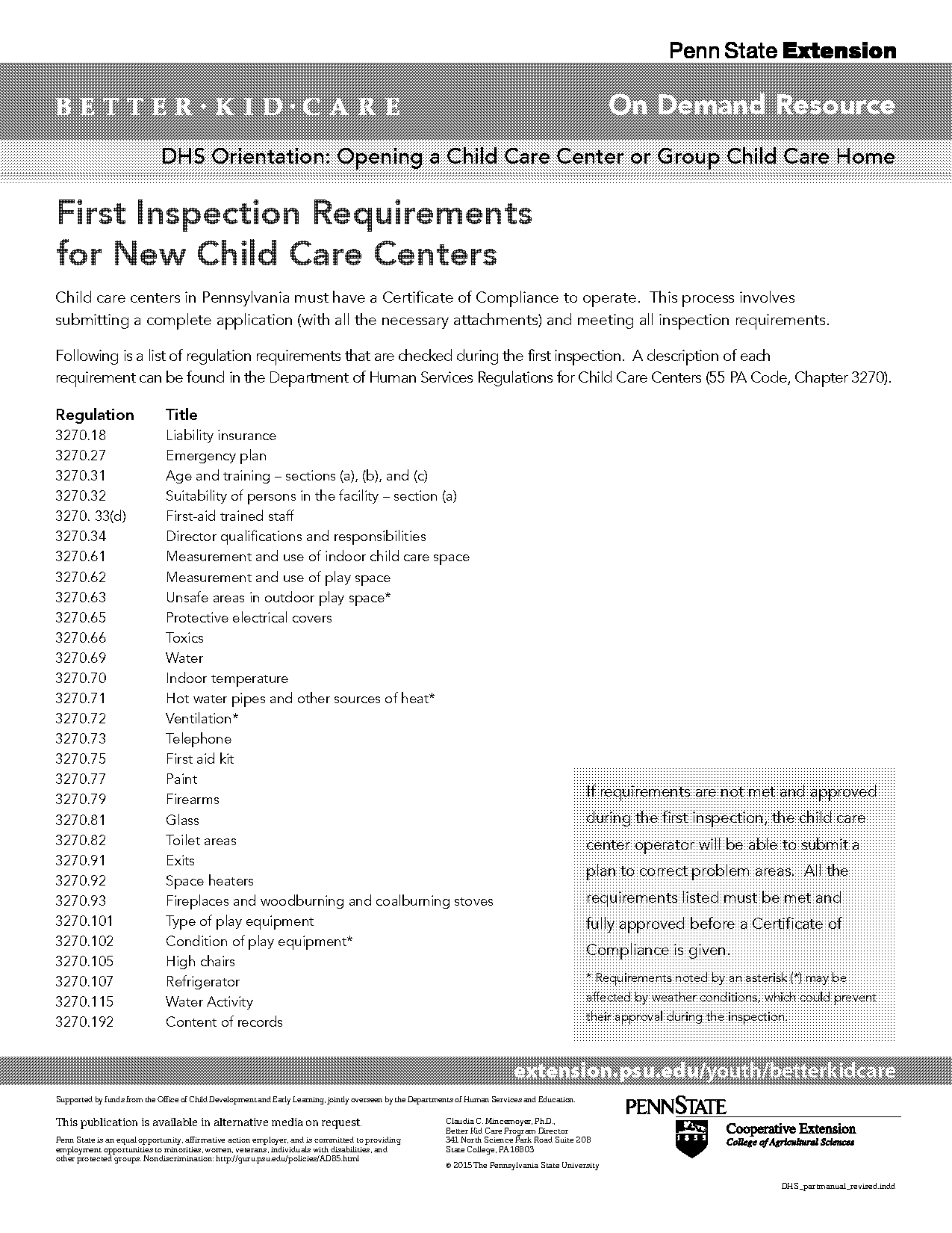 daycare inspection checklist pa