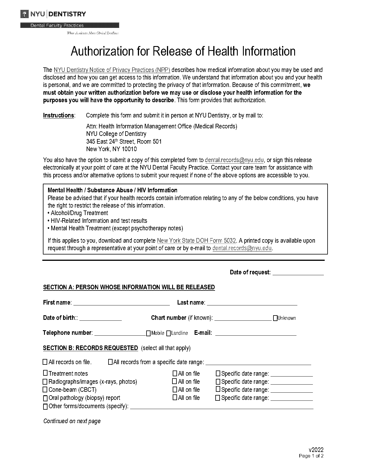 nyu medical center medical records request