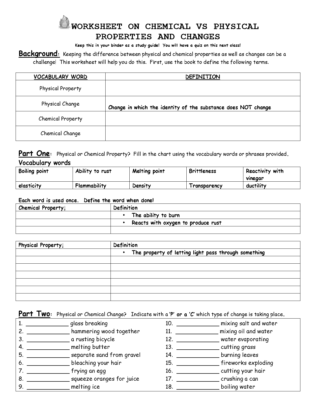 physical and chemical properties examples worksheet