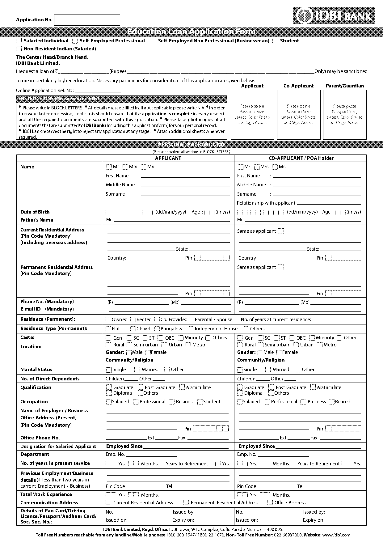 idbi customer request form