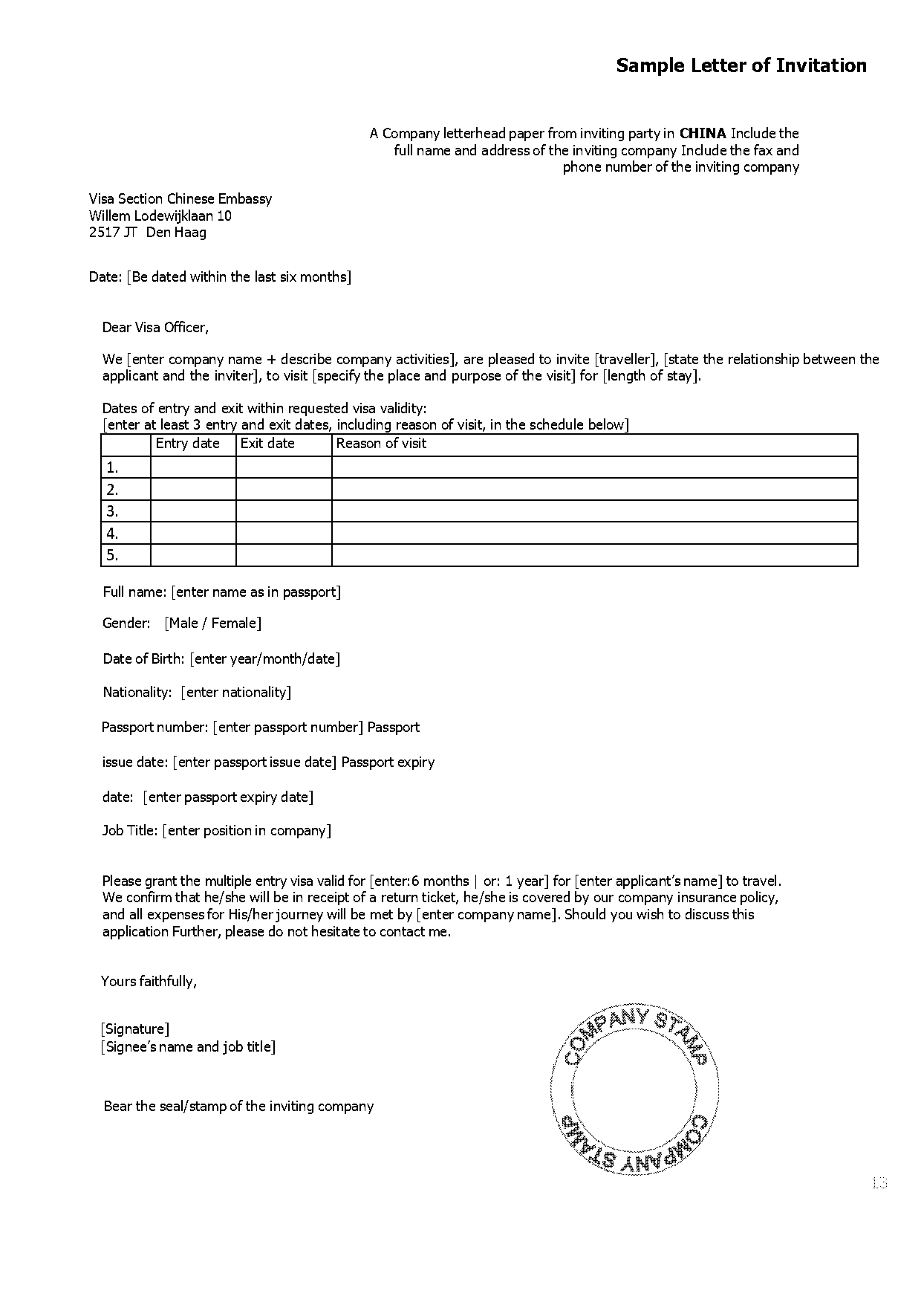 format for invitation letter for visa