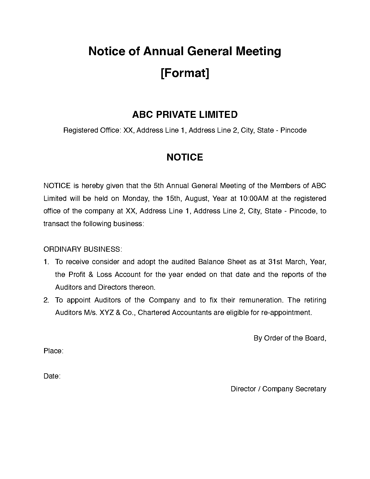 format of agm notice of private company