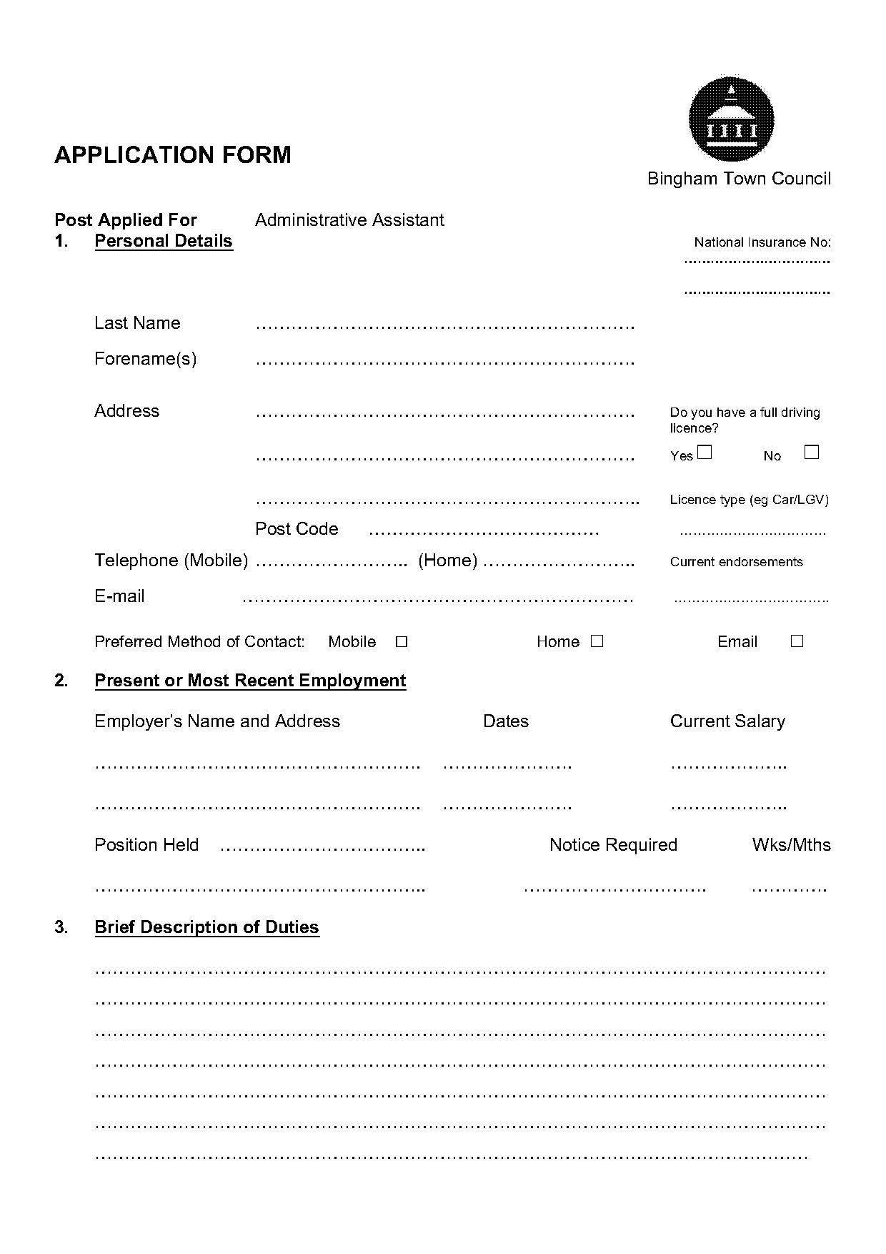 example application form for administrative assistant