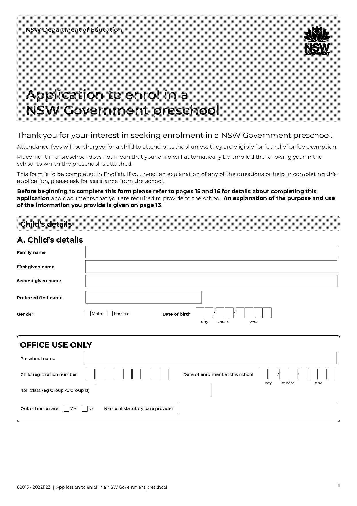 enrolment form nsw public school