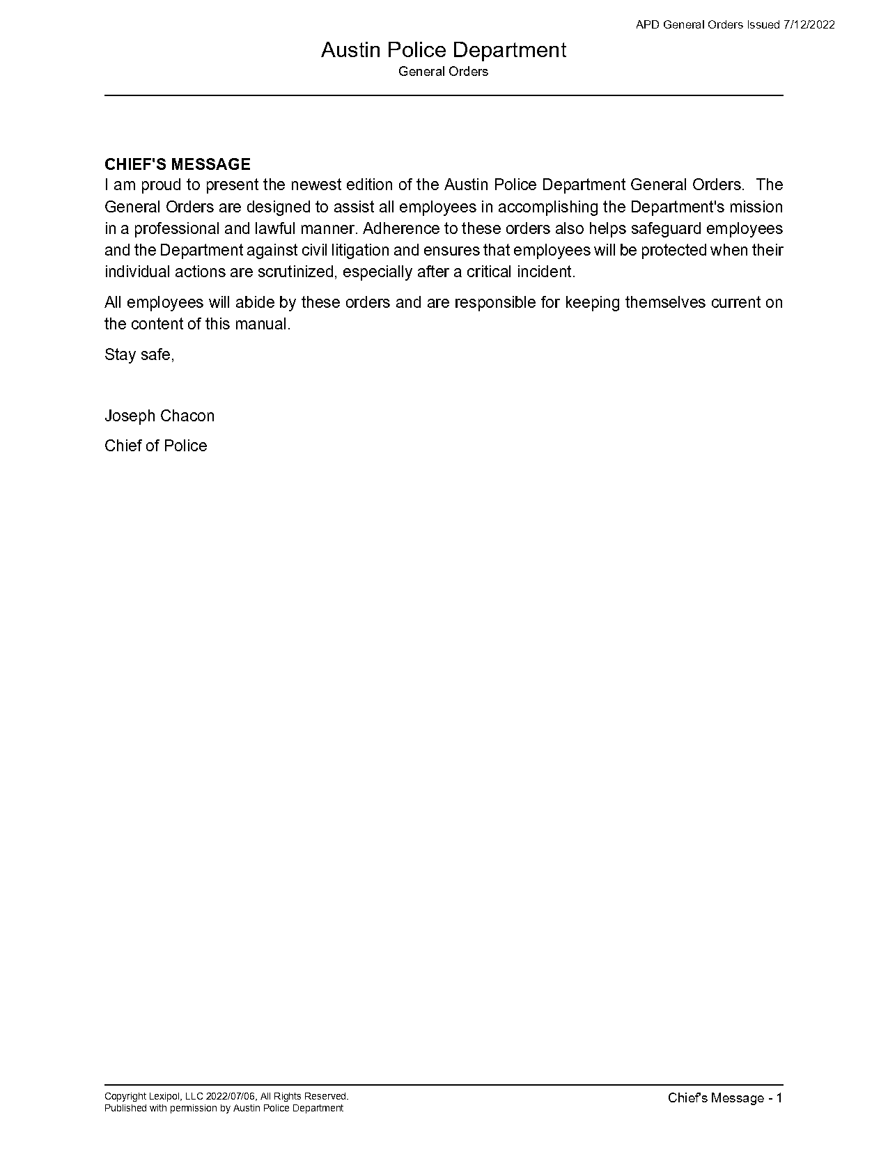 ethics statement of purpose for police department