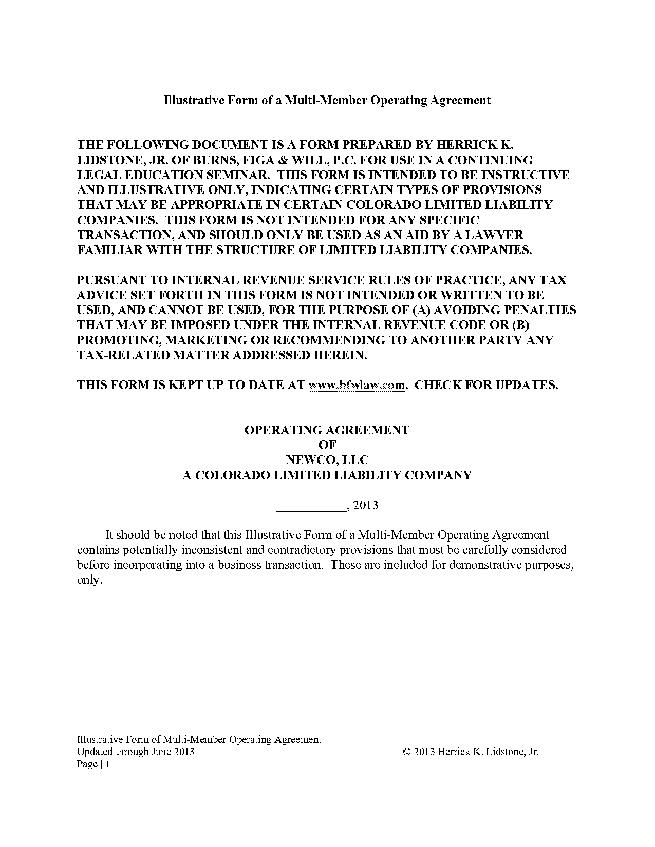 colorado operating agreement form