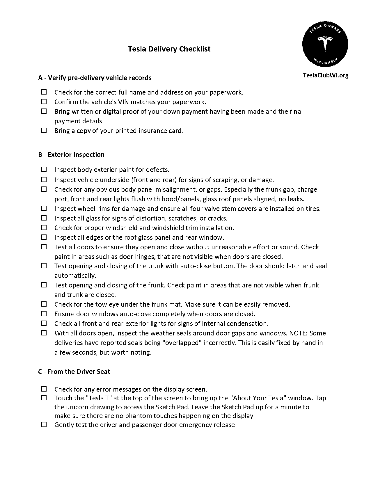 model y delivery checklist pdf